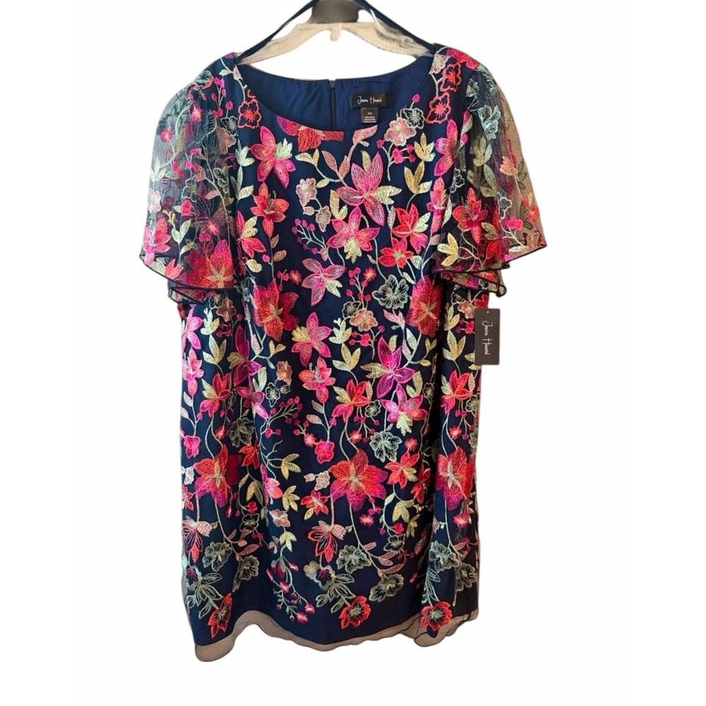 Jessica Howard 22W Plus Navy Floral Embroidered Scoop Neck Zip Dress